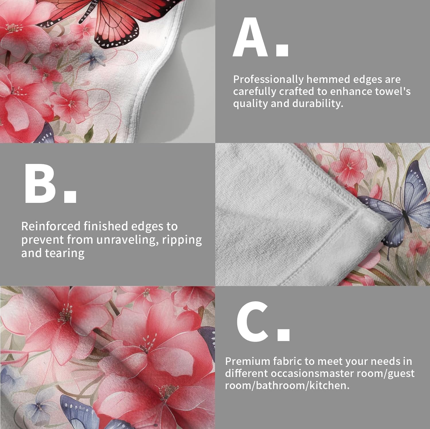 Butterfly Hand Towels for Bathroom - Vintage Butterflies and Flowers Kitchen Dish Towels Decorative Floral Hand Towels for Shower Face Gym Spa