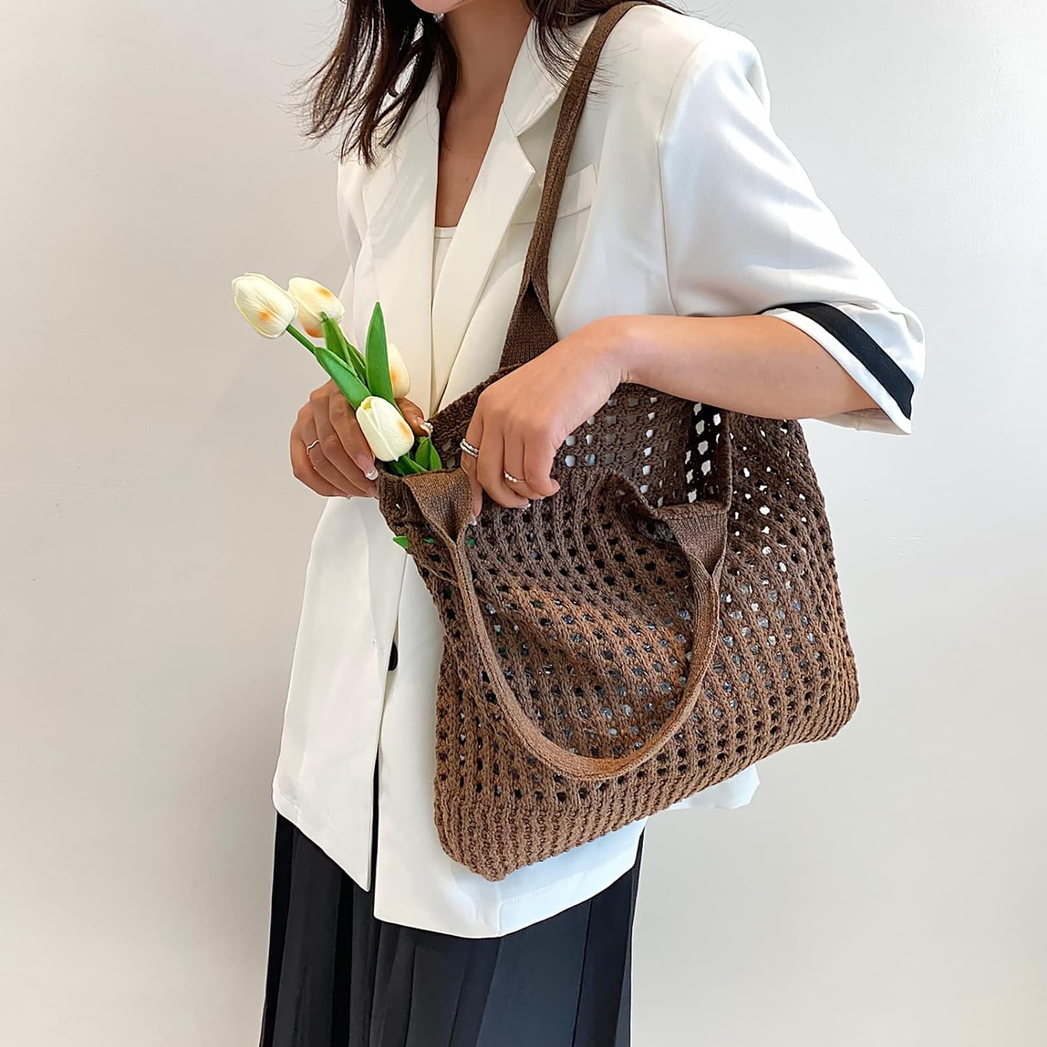 Kukuzhu Crochet Beach Bags for Women, Woven Travel Tote Fishing Net Handbag Shopping Large Hobo Shoulder Bag for for Holiday