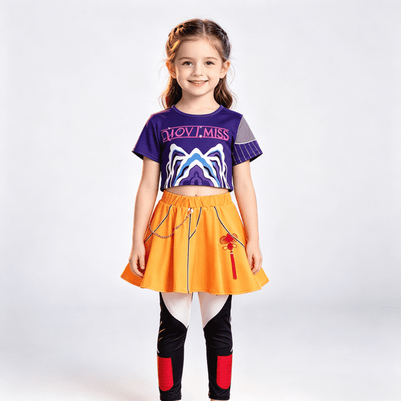 Kids Popular Singer Idol 2-Piece Outfit, Girls Pop Star Stage Printed Crop T-Shirt and Skort for Halloween Cosplay, 3-9 Years