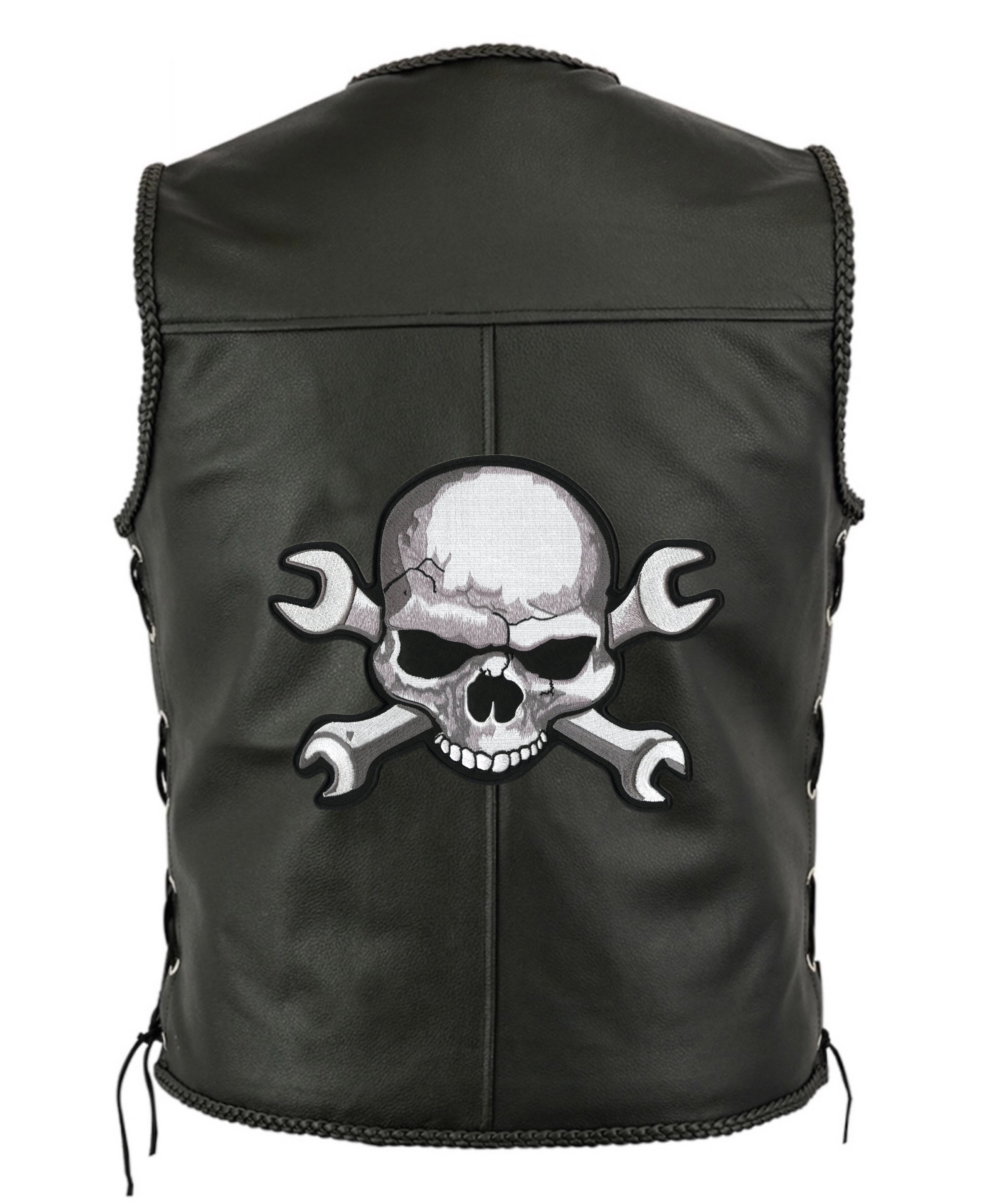 Skull & Wrench Crossbones Patch 11" | Realistic Large Skeleton Halfskull Embroidered Iron On Motorcycle Jacket Back Patch - by Nixon Thread Co.