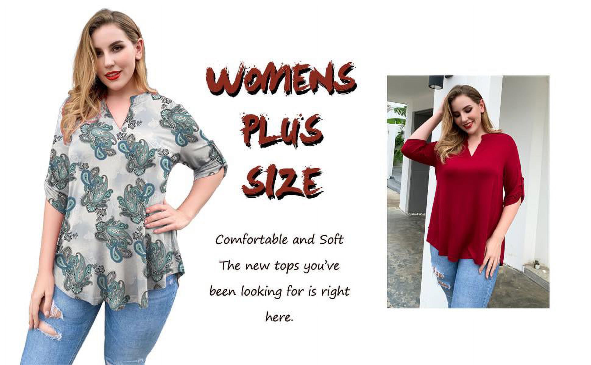 VERABENDI Womens Clothes Plus Size Tops Roll 3/4 Sleeve Shirts V Neck ...