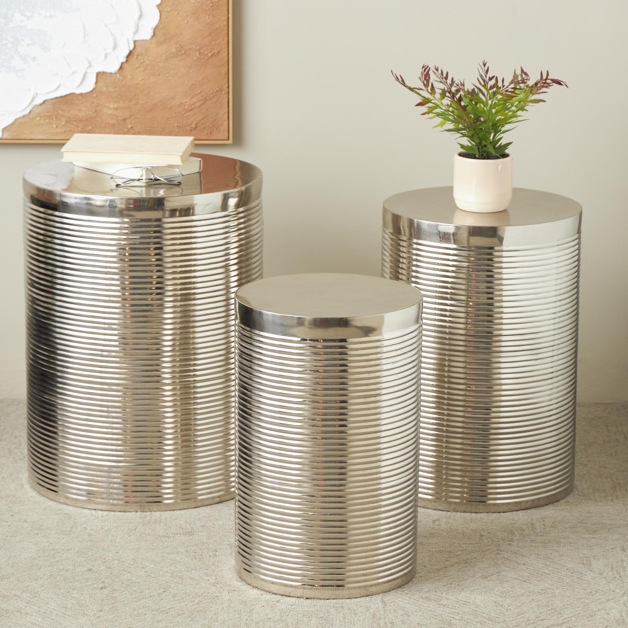 DecMode 18" x 24" Silver Metal Ribbed Drum Accent Table, 3-Pieces