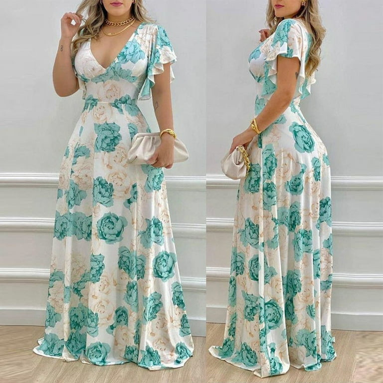 3/4 Sleeve Lotus Leaf Sleeve Print V Neck Maxi Dresses 3/4 Sleeve Lotus Leaf Sleeve Print V Neck Maxi Dresses