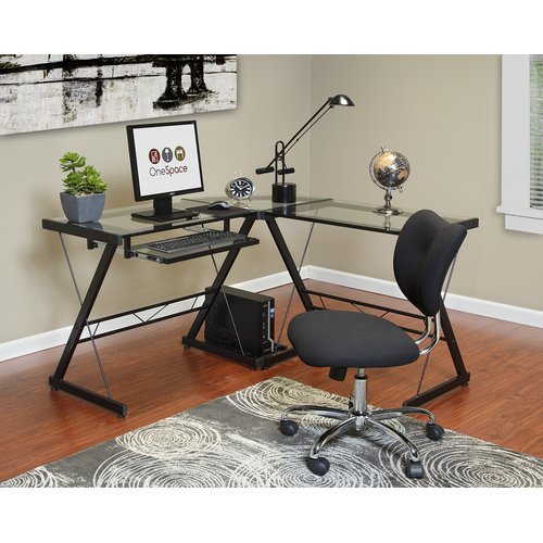 OneSpace 50JN110500 Ultramodern Glass LShape Desk, Black and Clear
