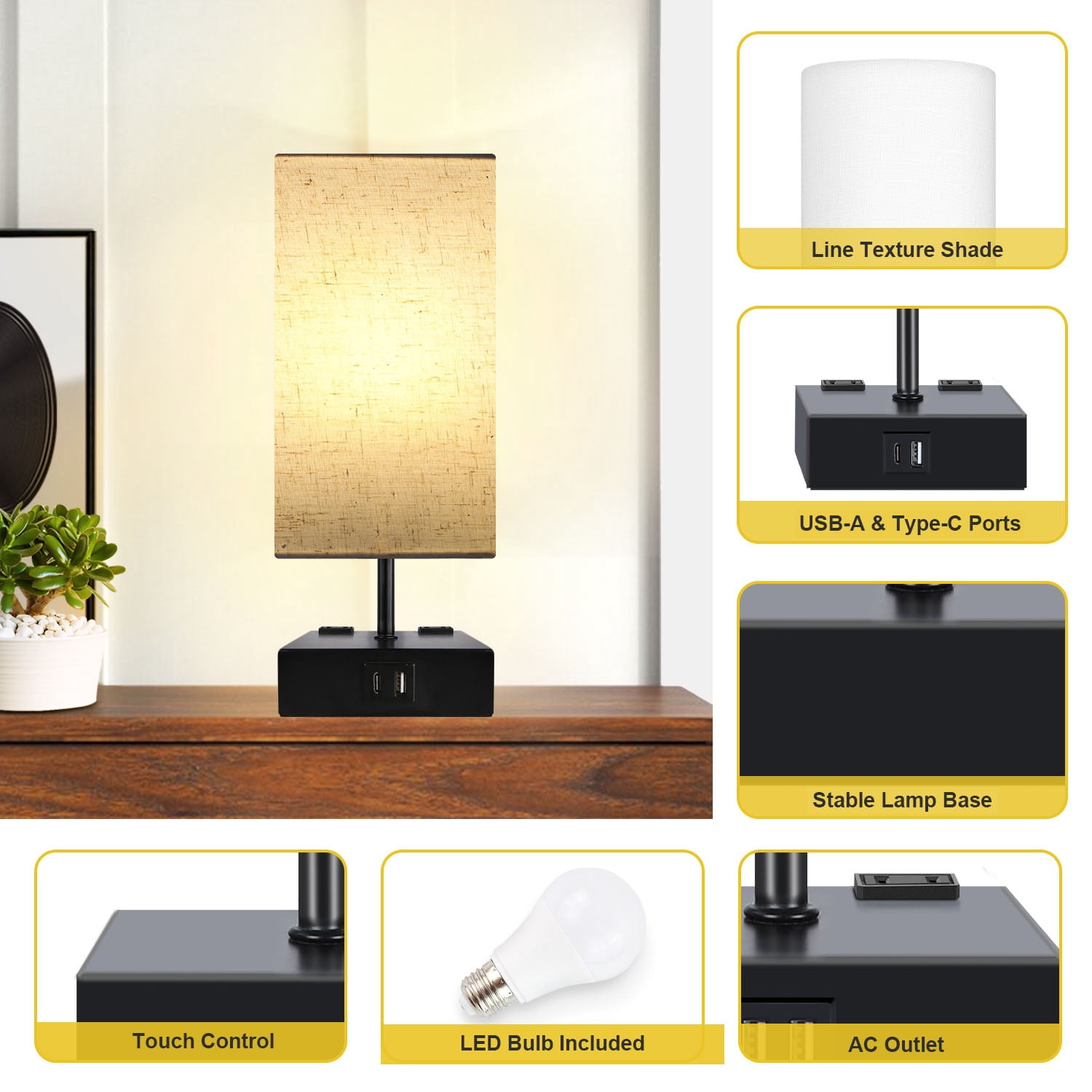 OUTON Touch Control Table Lamp Set of 2 for Living Room, Dimmable Bedside Lamp with USB C+A Ports, Modern Tall Nightstand Lamp for Bedroom,Bulbs Included, Black