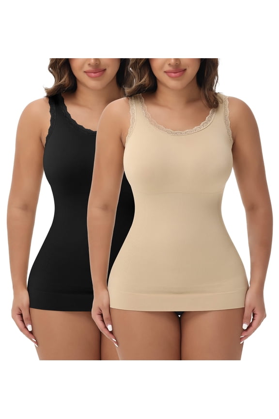 2 Packs Women Tummy Control Shapewear Lace Tank Tops Seamless Compression Tops Slimming Body Shaper Camisole
