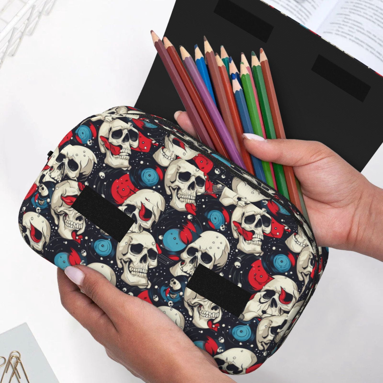 Rateoe rock record Skull artist Pattern Double Clamshell Pen Case, Storage Organizer with Two Zipper Compartments– Holds Up to 50 Pencils & Pens