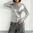 thumbnail image 2 of HongQid Metallic Shirts for Women's Sparkly Disco Party Shiny Tops Long Sleeve Round Neck Tee, 2 of 7