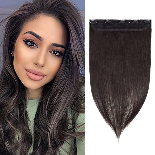 Benehair Extensiones de cabello humano con clip de una pieza, color negro natural, 16 pulgadas, 3/4, cabello Remy de cabeza completa, largo, liso, suave, 5 clips