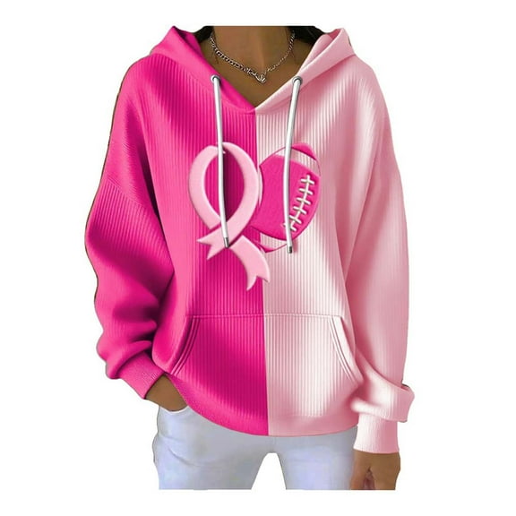 Uootdi Breast Cancer Long Sleeve Gift Shirt for Women Tackle Breast Cancer Pink Ribbon Pink Rugby Print Football Casual Hoodies