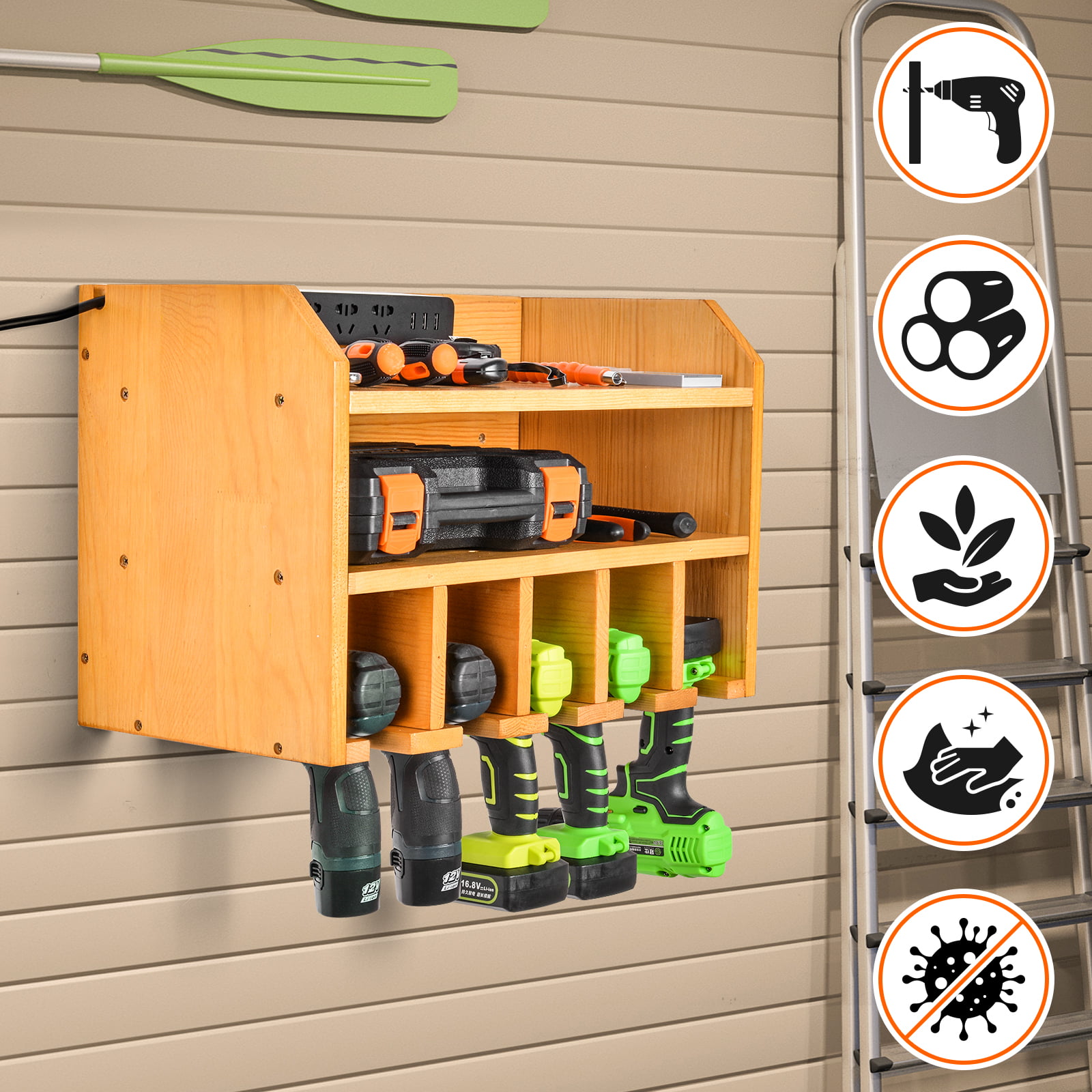  TICONN Heavy Duty Tool Organizer Rack, Garage Wall Mounted  Electric Drill Storage Rack with Charger Shelf with 100lbs Weight Limit  (Basic Side tool Strips) : Tools & Home Improvement