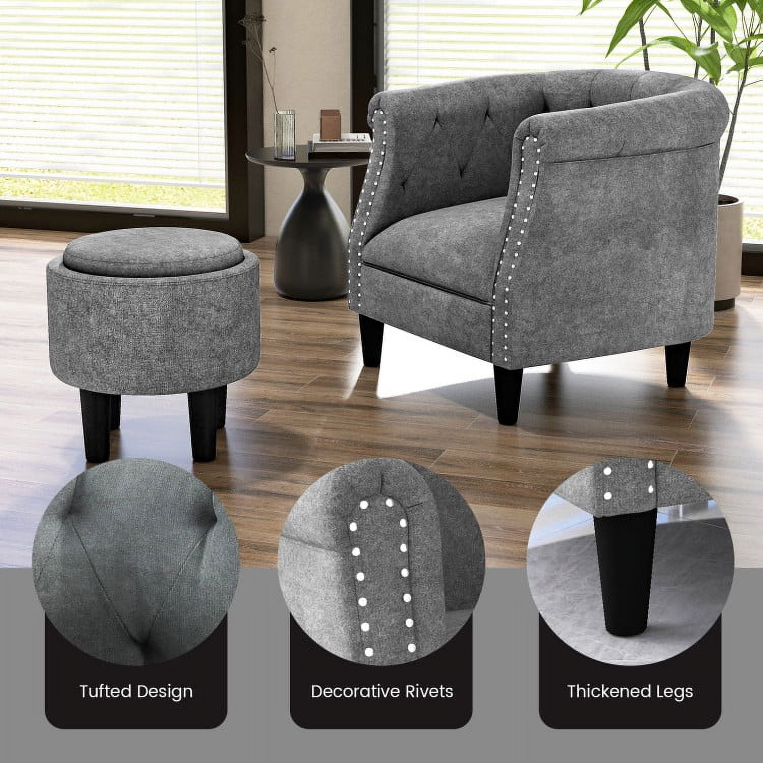 Finihen Accent Chair with Ottoman, Modern Accent Armchair with Ottoman, Armchair Barrel Sofa Chair and Footrest, for Living Room, Bedroom, Grey Finihen Accent Chair with Ottoman, Modern Accent Armchair with Ottoman, Armchair Barrel Sofa Chair and Footrest, for Living Room, Bedroom, Grey