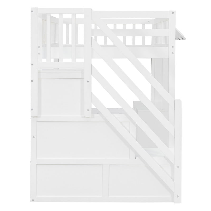 Twin Size Playhouse Kids Loft Bed with Eaves Design, Wood Child Bed Frame with Storage Staircase, LED Light & Under Bed Cabinets