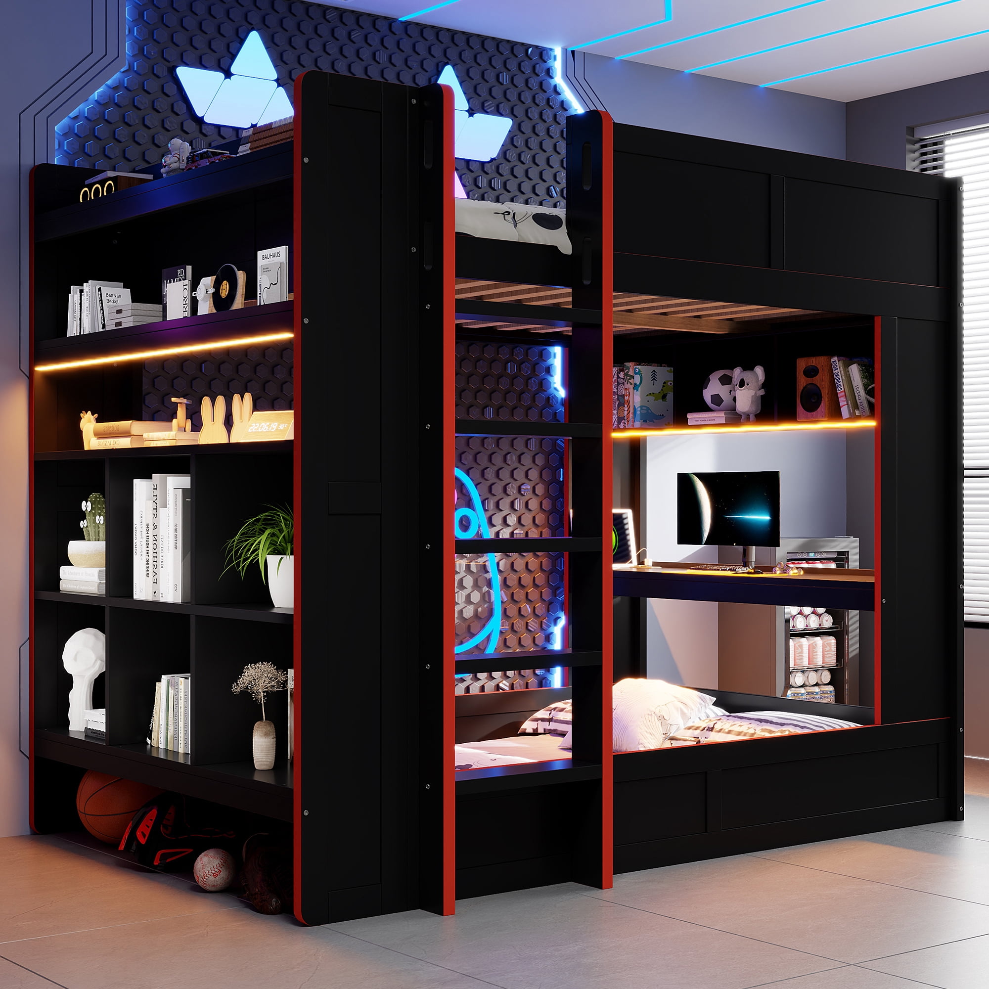 Euroco Pine Wood Full Loft Bed with Desk and 3 Drawers, Shelf and Wardrobe for Living Room, Beige