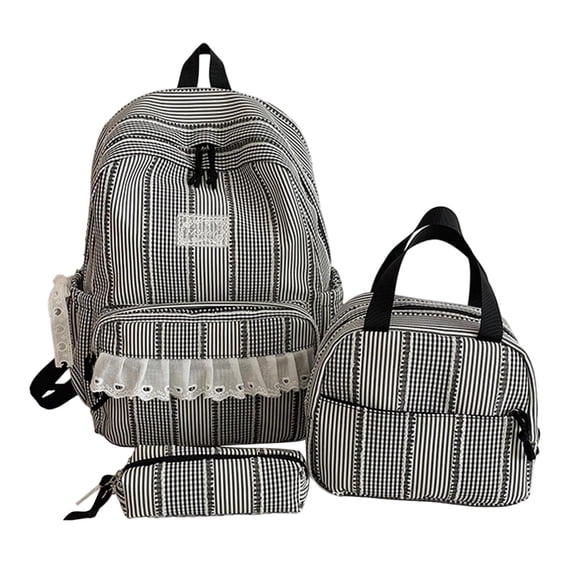 Cute Striped Lace Backpack 3 Piece Set Lightweight Large Capacity Student School Bag for