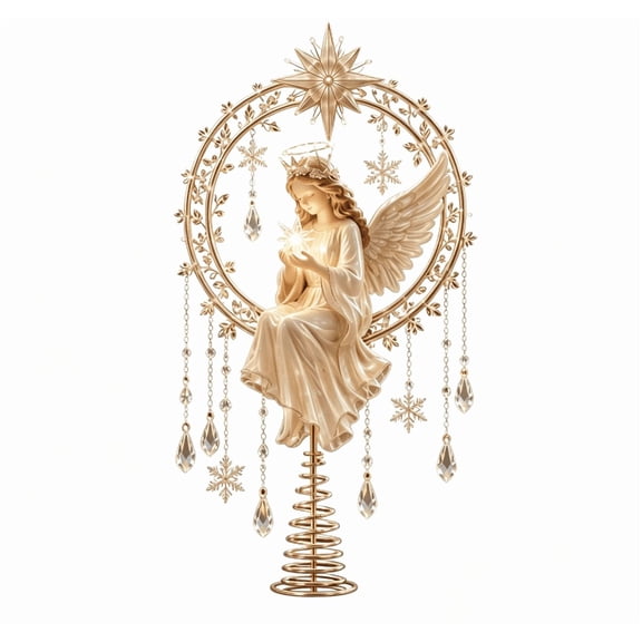 Christmas Angel Tree Topper, Golden Angel Figurine Tree Top Ornament with Crystal Tassel & Snowflake Decoration for Christmas Tree Decor
