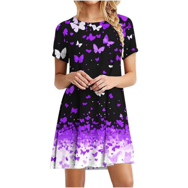 Vestido de Manga Corta para las Mujeres Casual Impreso Cuello Redondo, Vestido de las Señoras para la Primavera Y el Verano de Uso Diario