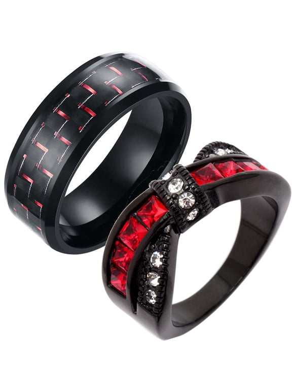 Matching Ring Couple Ring Black Gold Plated 1CT Red CZ Women Wedding Ring Set Male Ring