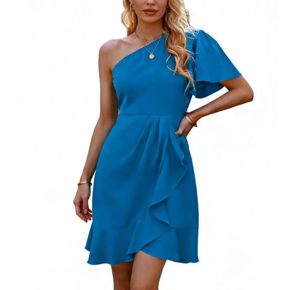snilers Womens Summer One Shoulder Mini Short Dresses Ruffle Sleeve Wrap Bodycon Fitted Spring Formal Cocktail Party Dress S-XL