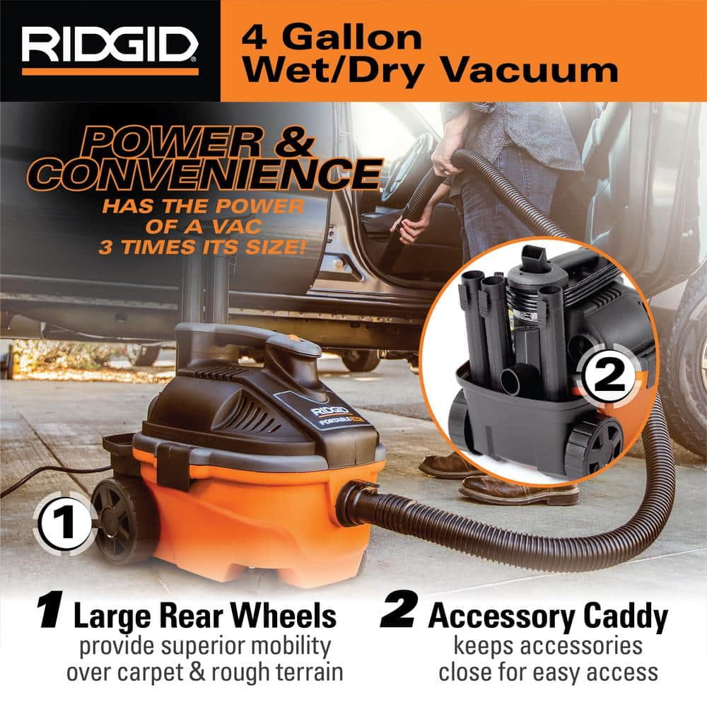 4 Gallon 5.0 Peak HP Portable Shop Vac Wet Dry Vacuum with Fine Dust Filter, Locking Hose and Accessories