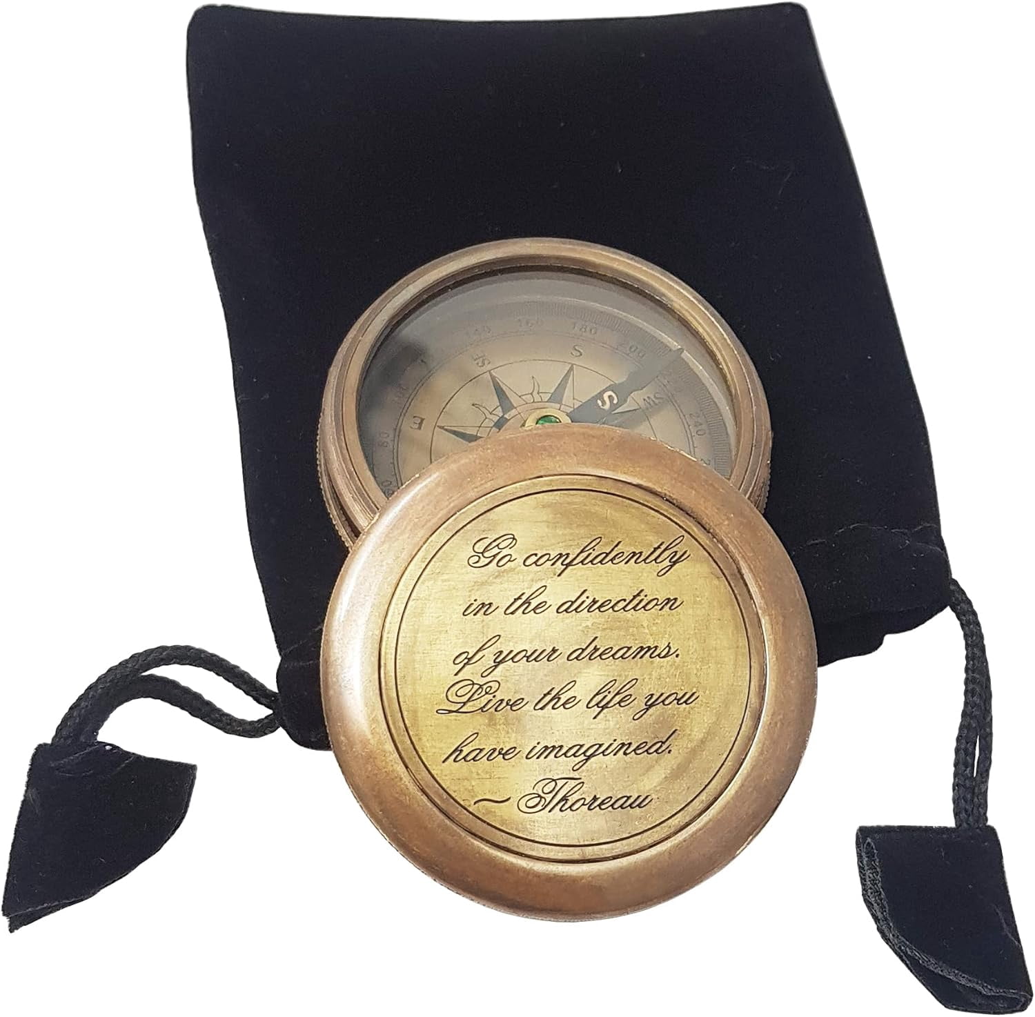 Brass Compass in Antique Finish, with HD Thoreau's Motivational Quote Go Confidently in The Direction with Case