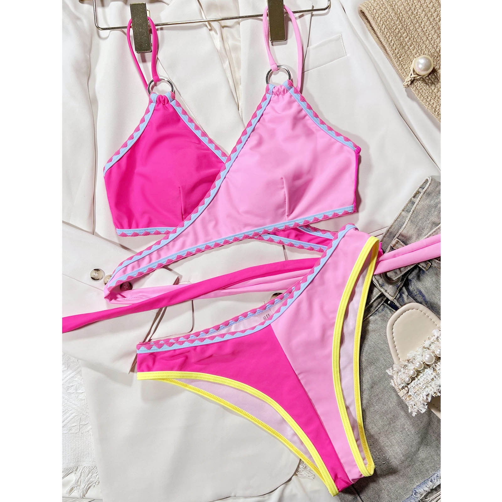 Stripe Bikini Swimsuit Women 2023 Women Pink 2 Piece Swimwear V Neck  Suspender Beach Bathing Suit Swimsuit Ysm20603