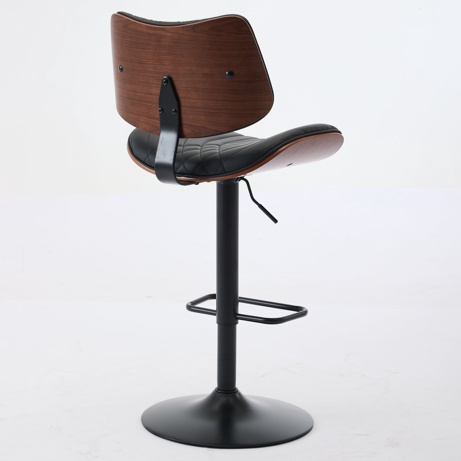 Adjustable Swivel Bar Stools Set of 2 Mid Century Modern Design with Walnut Bentwood and Black PU Leather Upholstery for Kitchen Island