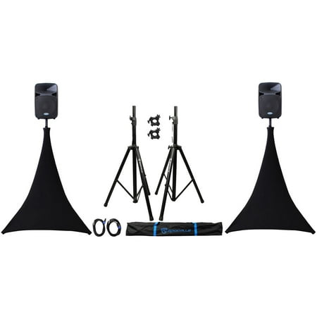 (2) Rockville Speaker Stands + 1/4" Cables + Scrim Werks SWLTPSBLK Black Cover