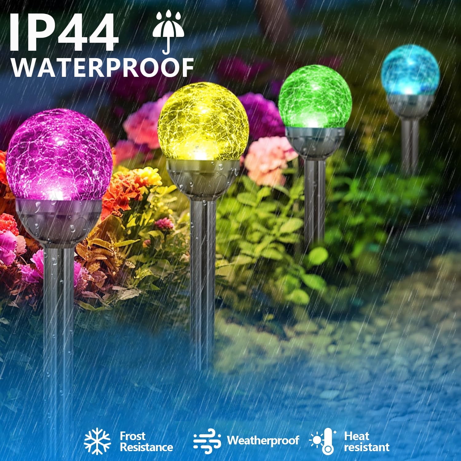 TiokMc 4 Pack Solar Garden Lights Outdoor, Color-Changing Crackle Glass Globe Lights, IP65 Waterproof LED Pathway Lighting with Auto On/Off, for Lawn Patio Yard Decor