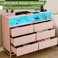 thumbnail image 3 of Garvee Wide 6-Drawer Dresser with LED Lights & Charging Station, Modern Wooden Storage Cabinet for Bedroom, 4 AC Outlets & 2 USB Ports for Bedroom, Living Room, Entryway, Pink, 3 of 8
