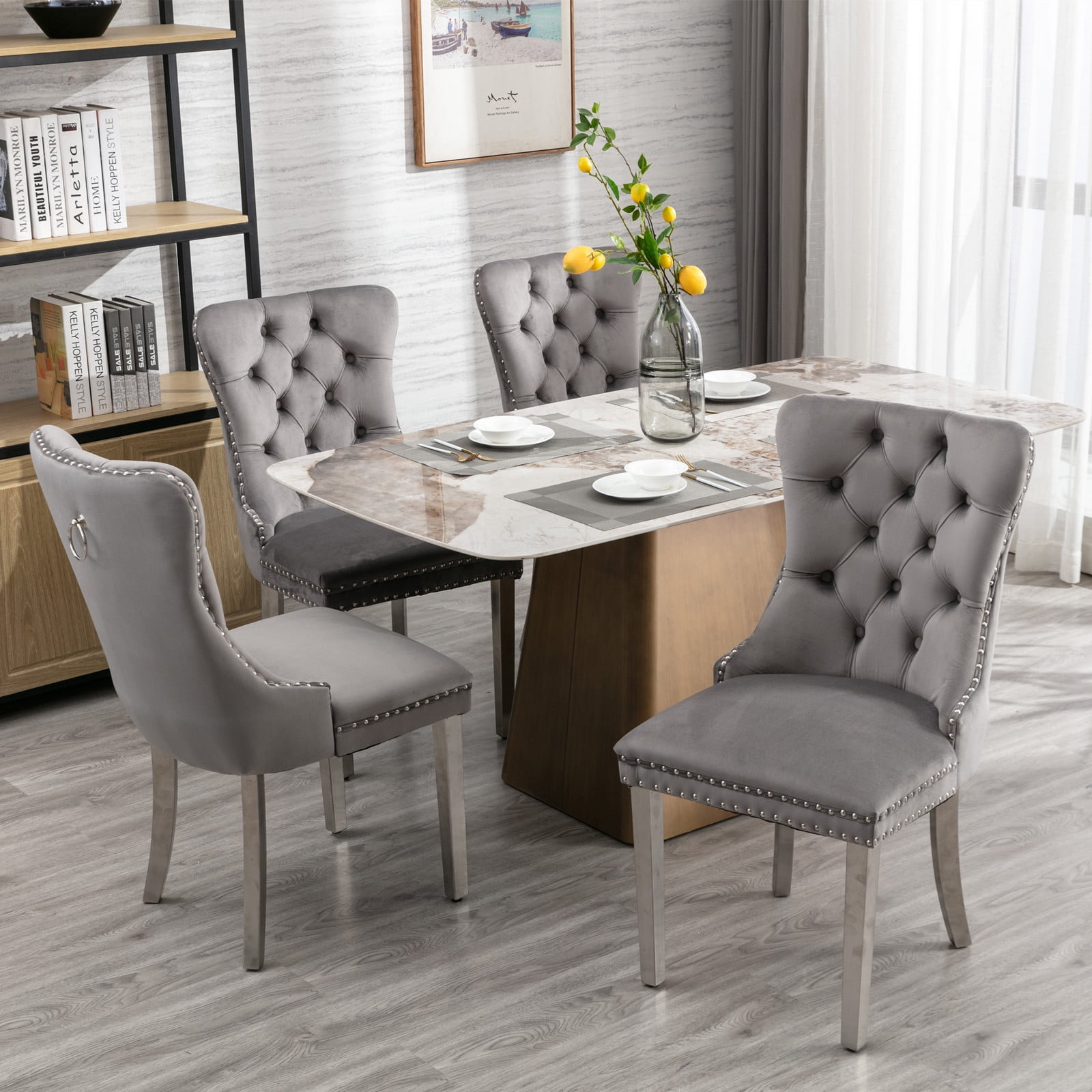 Gewnee Set of 2 Modern Velvet Tufted Upholstered High End Dining Chairs with Metal Legs & Nailhead Trim for Dining Room Kitchen,Gray