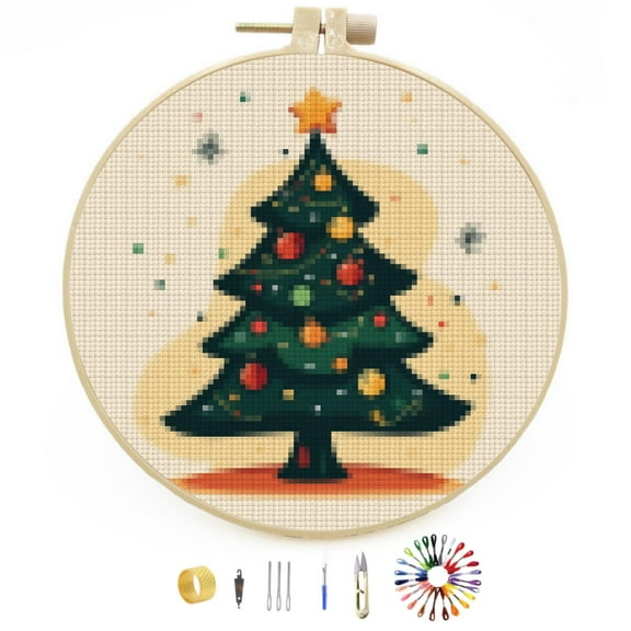 Cartoon Colorful Christmas Tree DIY Stamped Cross Stitch Kits Easy for Beginners with Hoop 11CT Counted Embroidery Needlepoint Crafts Arts for Handmade Enthusiasts and Home Decor 30x30cm(1)