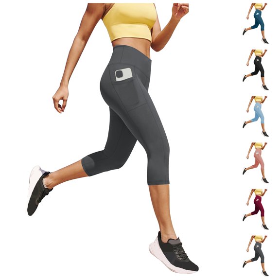 LIBRCLO Womens Leggings Capris with Pockets Solid Color High Waist Pants Women Yoga Pants Summer, Black