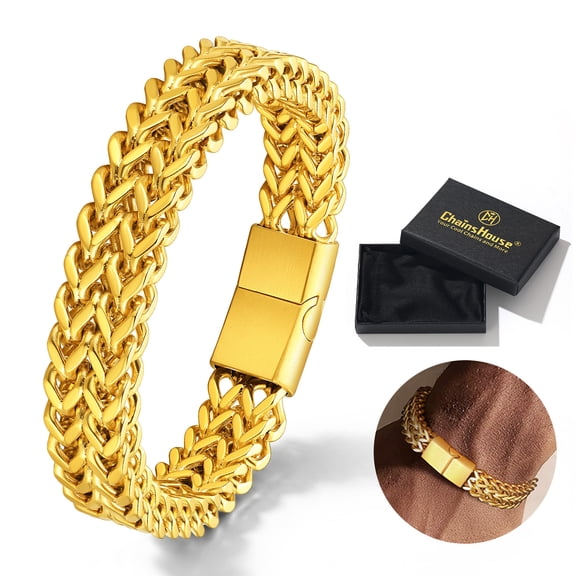 ChainsHouse 14K Gold Plated Chain Bracelets for Men, 12mm Wide Stainless Steel Wrist Band Non Tarnish Jewelry Gifts for Husband Dad Father's Day, 8.3inch