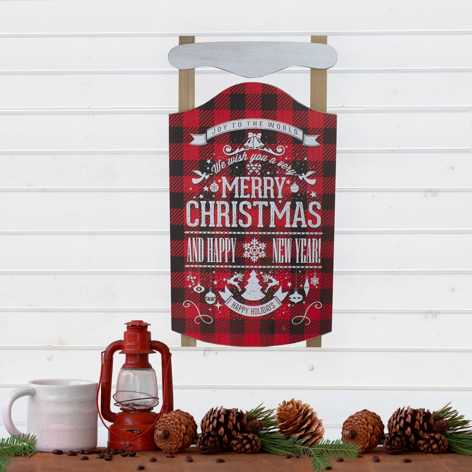 24" Red and Black Buffalo Plaid Merry Christmas Sled Wooden Hanging Wall Sign