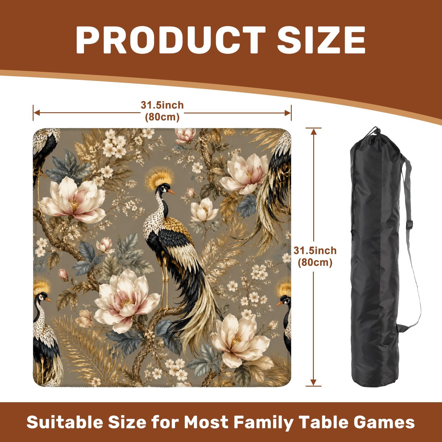 Mahjong Mat 31.5" x 31.5" Seamless golden pheasants birds flowers Japanese textile embroidery Non-Slip Neoprene Cover, Noise-Dampening Tile Game Mat for American Mahjong