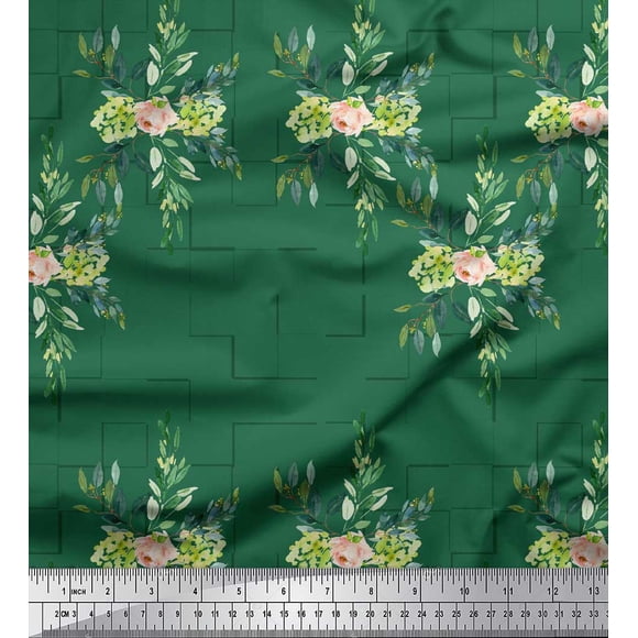 Soimoi Green Cotton Voile Fabric Square & Leaves Print Sewing Fabric Yard 42 Inch Wide