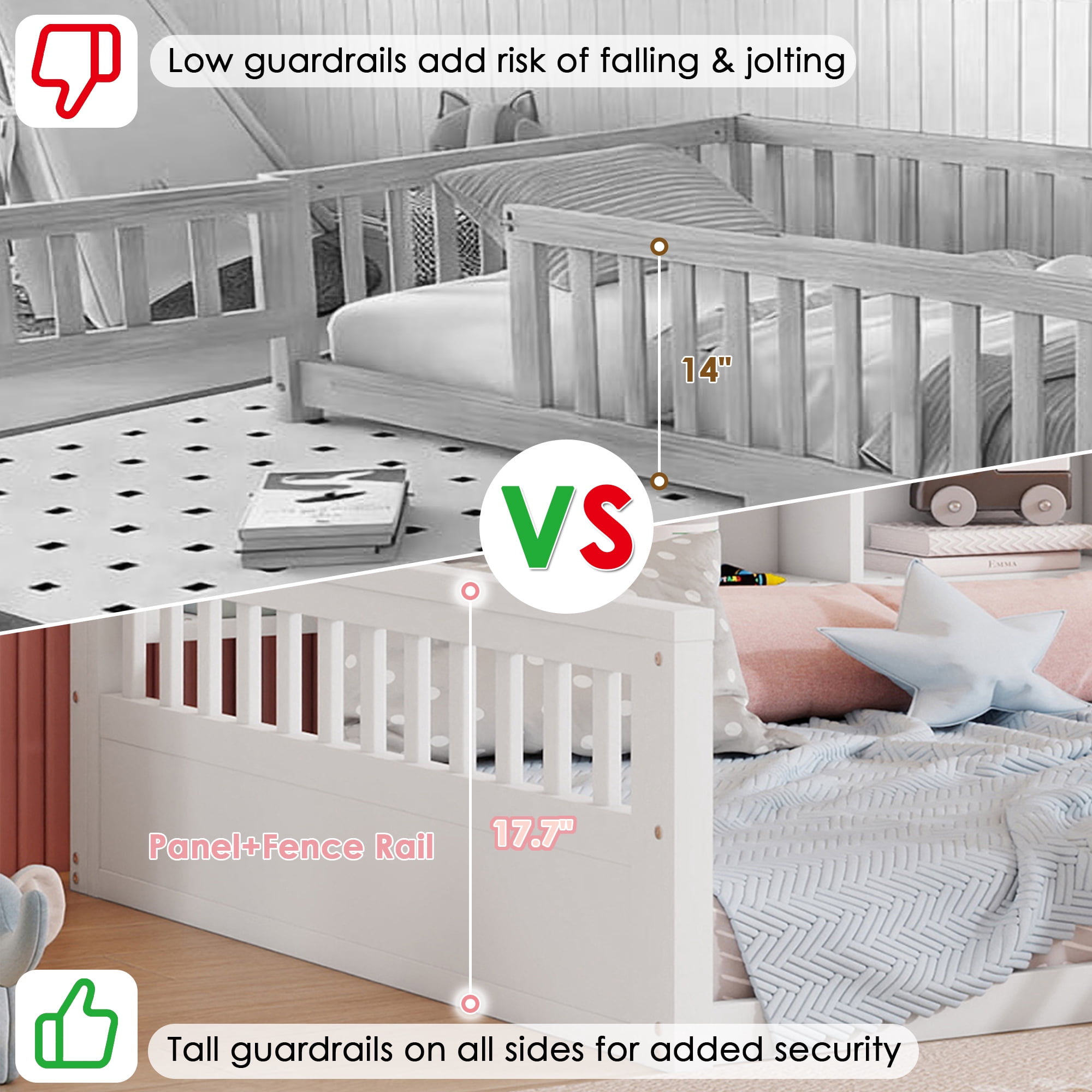 Mirightone Full Size Montessori Floor Bed with LED Light, Storage Bookcase & Safety Rail, Solid Pine Wood  House Floor Bed, No Box Spring Needed (White)