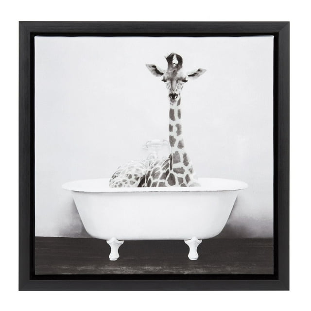 DesignOvation Baby Giraffe in the Tub 14" x 14" Framed Canvas Wall Art Print by Amy Peterson