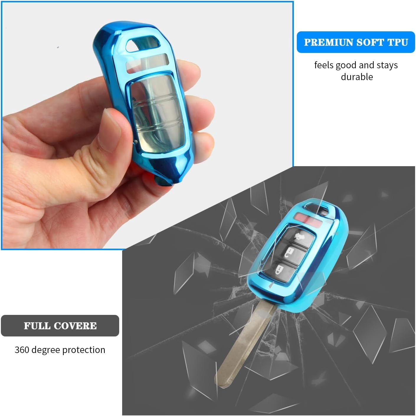 for Honda Key Fob Cover with Key Chain, Soft TPU Key Case Shell Full Protection for Sports Accord Civic CR-V HR-V LX, Blue