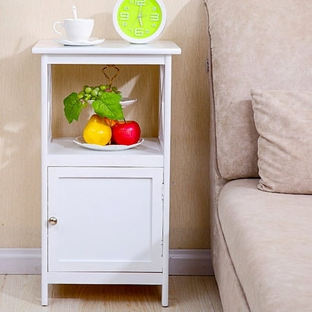 White Bedside Cabinets Sale Multi Function Nightstand 2 Tier Curving Pattern Bedside Table with 1 Magnetic Cabinet Door Fashion Design Shelf - White ()