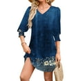 thumbnail image 4 of Sexlip A-Line Casual Mini Dress for Women Fall Smocked Cuff 3/4 Sleeve Trendy Floral Print Loose V Neck Swing Dresses with Pockets Blue S, 4 of 7