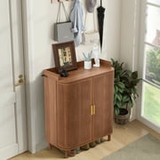 YOCWO Rattan Shoe Storage Cabinet with Doors, Shoe Closet with Iron Rattan Curved Surface, Walnut
