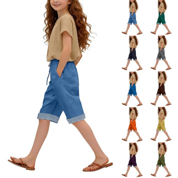 shoper Girls Casual Bermuda Shorts Striped Kids Knee Length Summer Shorts Drawstring Short Pants with Pockets Dark Gray 7-8 Years