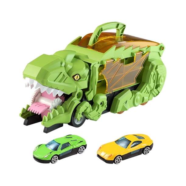 Juguete para vehículo de transporte de golondrinas, juguete transformador para coche de dinosaurio, vehículo para tragar dinosaurios para niños de 3, Verde con 2 coches