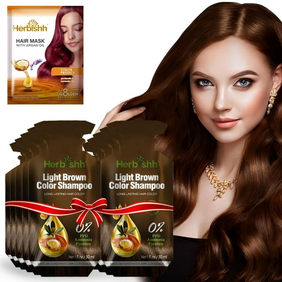Herbishh Hair Color Shampoo 10 Sachet +1 Argan Hair Mask Pouch | 3 in 1 Hair Dye | PPD Free | Easy to Use | Gray Coverage | Travel Size | Available in 6 Colors (Light Brown)
