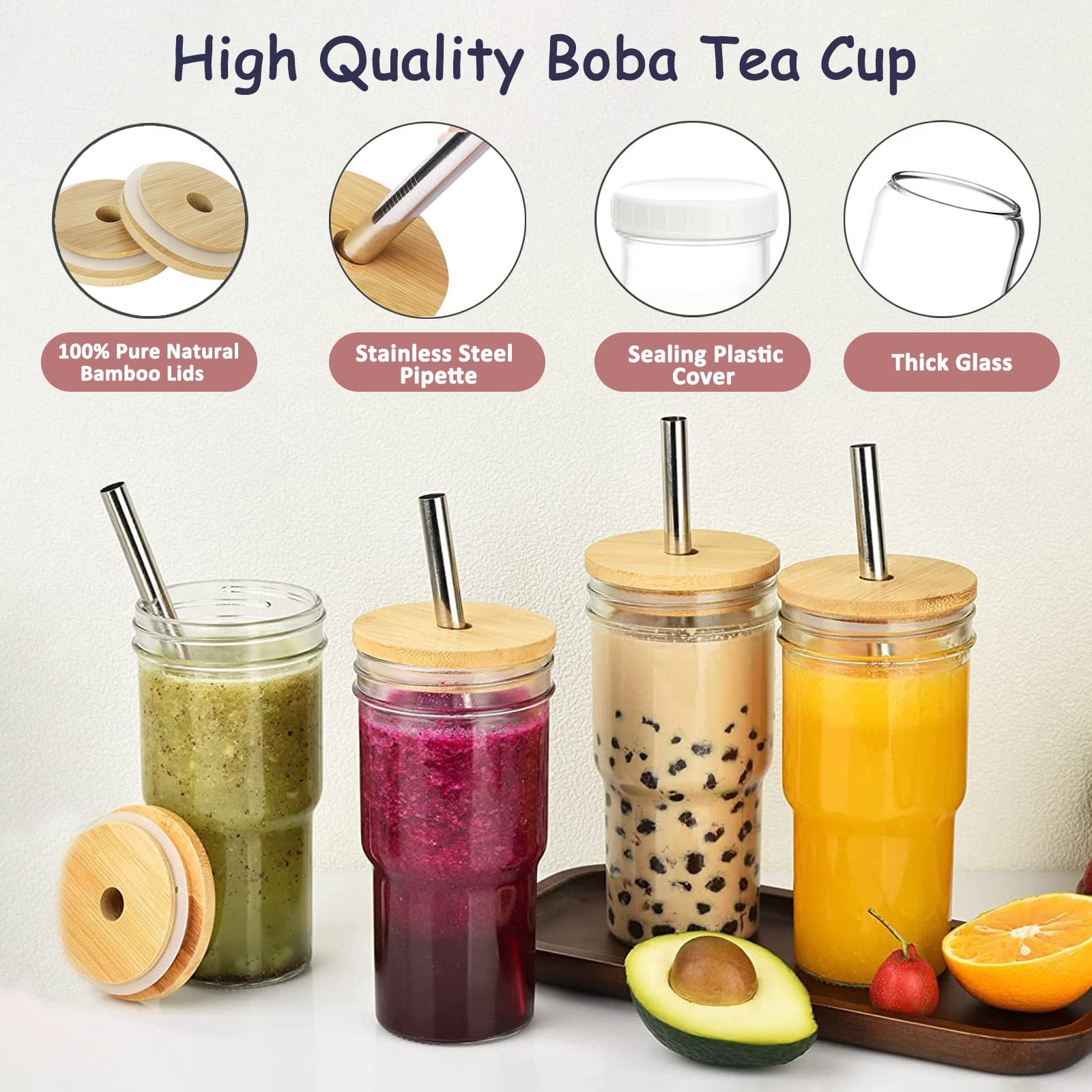  Benestanti 4 Pack Glass Cups with Bamboo Lids and Straws,  Reusable 22 oz Glass Tumbler with straw and lid For Boba, Smoothie, Iced  Coffee,Wide Mouth Drinking Jars for Bubble Tea,Juice,Gift 