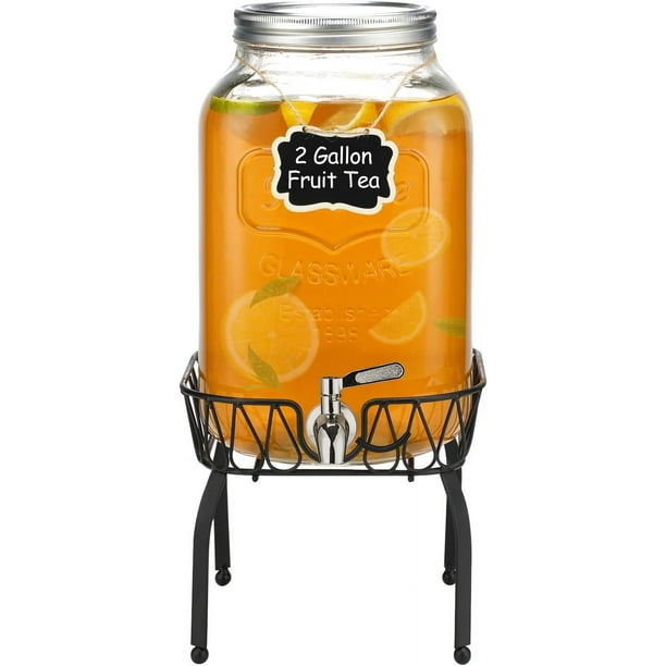Dispensador de bebidas de vidrio de 2 galones con soporte y tapa, grifo a prueba de fugas de acero inoxidable, dispensadores de bebidas de vidrio 100 % a prueba de fugas para fiestas y bodas