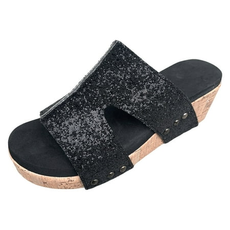 

YUHAOTIN Nude Wedge Sandals for Women Summer Solid Slip on Sequin Casual Open Toe Wedges Comfortable Beach Shoes Sandals Slippers Strappy Sandals for Women Heel Studs Vacation Sandals for Women