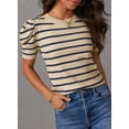 thumbnail image 4 of Women's Short Puff Sleeve Knit Tops 2024 Trendy Crewneck Striped T Shirts Casual Summer Blouses, 4 of 4